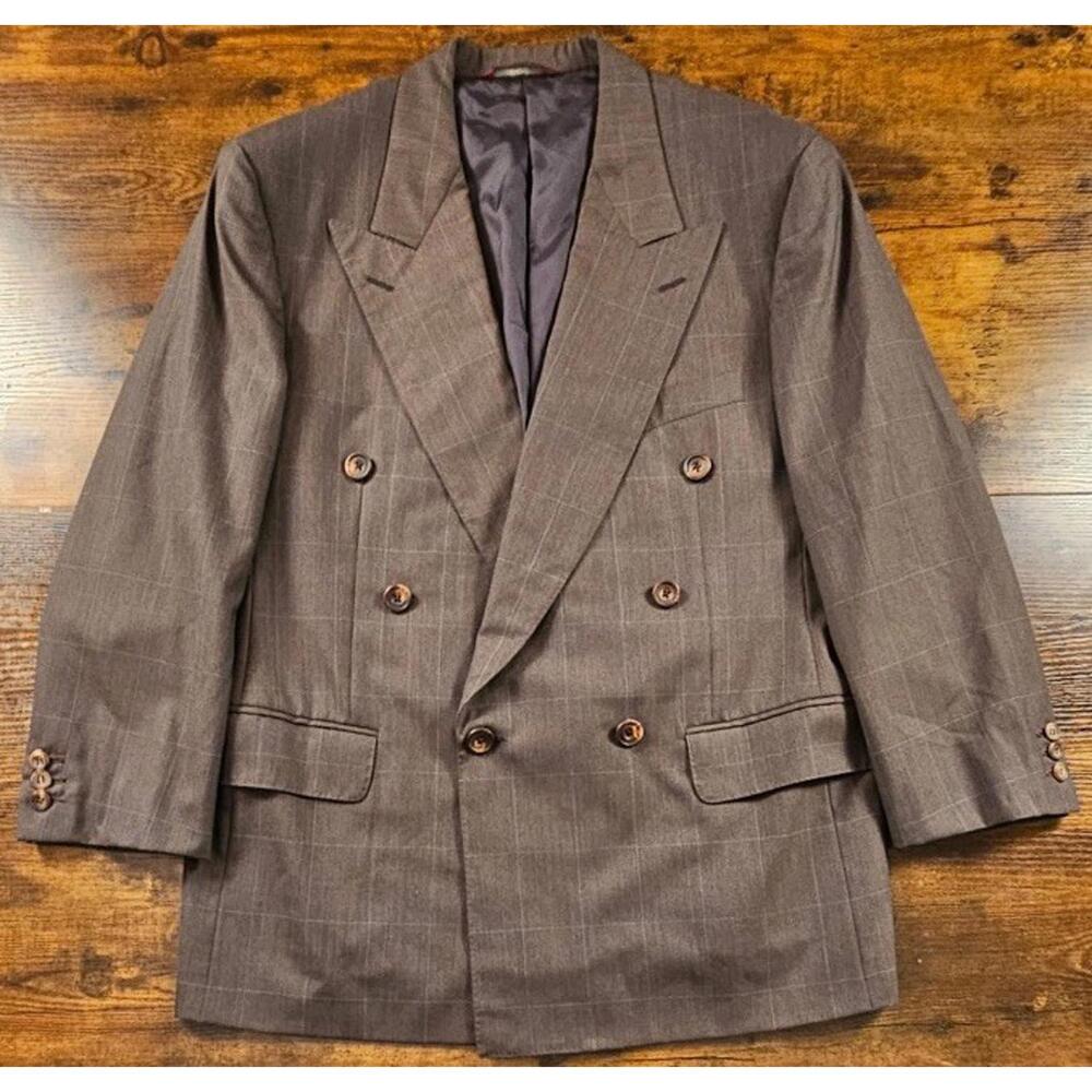 Samuelsohn Men's Brown Windowpayne Double Breasted Wool Cashmere Peak Lapel 40